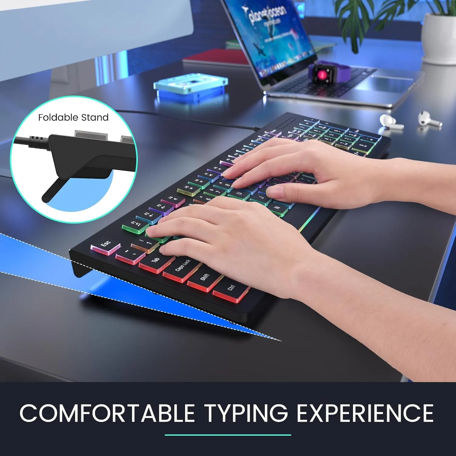 Computer Keyboard Wired, Plug Play USB Keyboard, Low Profile Chiclet Keys, Large Number Pad, Caps Indicators, Foldable Stands, Spill-Resistant, Anti-Wear Letters for PC Laptop (Backlit, 1-Pack)