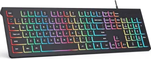 Computer Keyboard Wired, Plug Play USB Keyboard, Low Profile Chiclet Keys, Large Number Pad, Caps Indicators, Foldable Stands, Spill-Resistant, Anti-Wear Letters for PC Laptop (Backlit, 1-Pack)