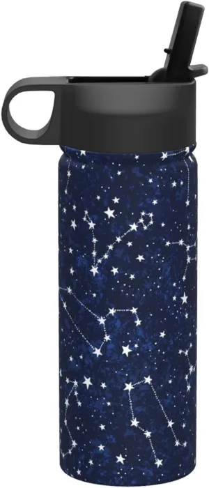Constellation Galaxy Starry Night Stars Glow In The Dark Midnight 18oz Sports Insulated Kettle With Straw, Leak Proof Gym Bottle -Ideal Gift for Fitness Sports & Outdoors