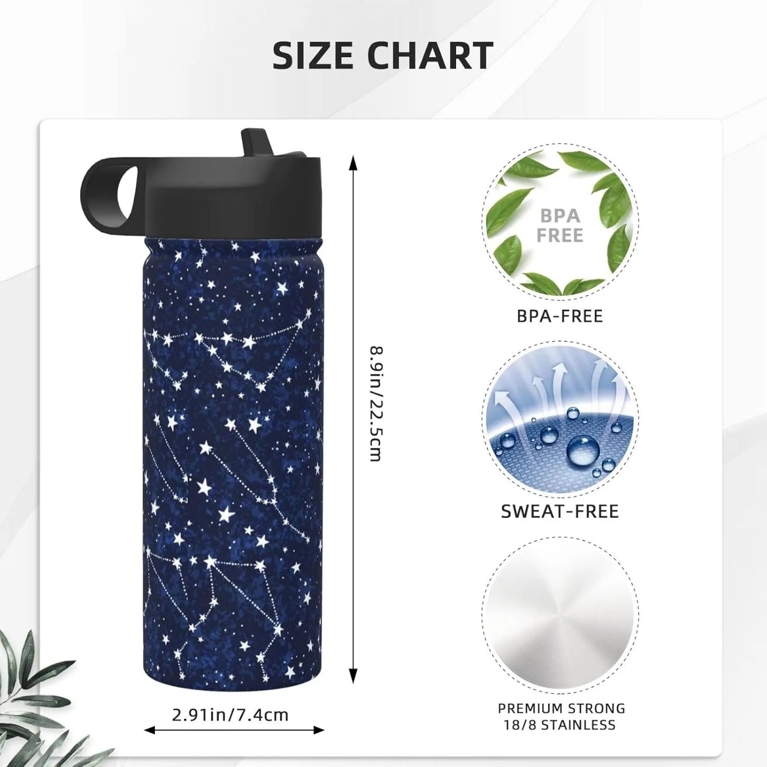 Constellation Galaxy Starry Night Stars Glow In The Dark Midnight 18oz Sports Insulated Kettle With Straw, Leak Proof Gym Bottle -Ideal Gift for Fitness Sports & Outdoors