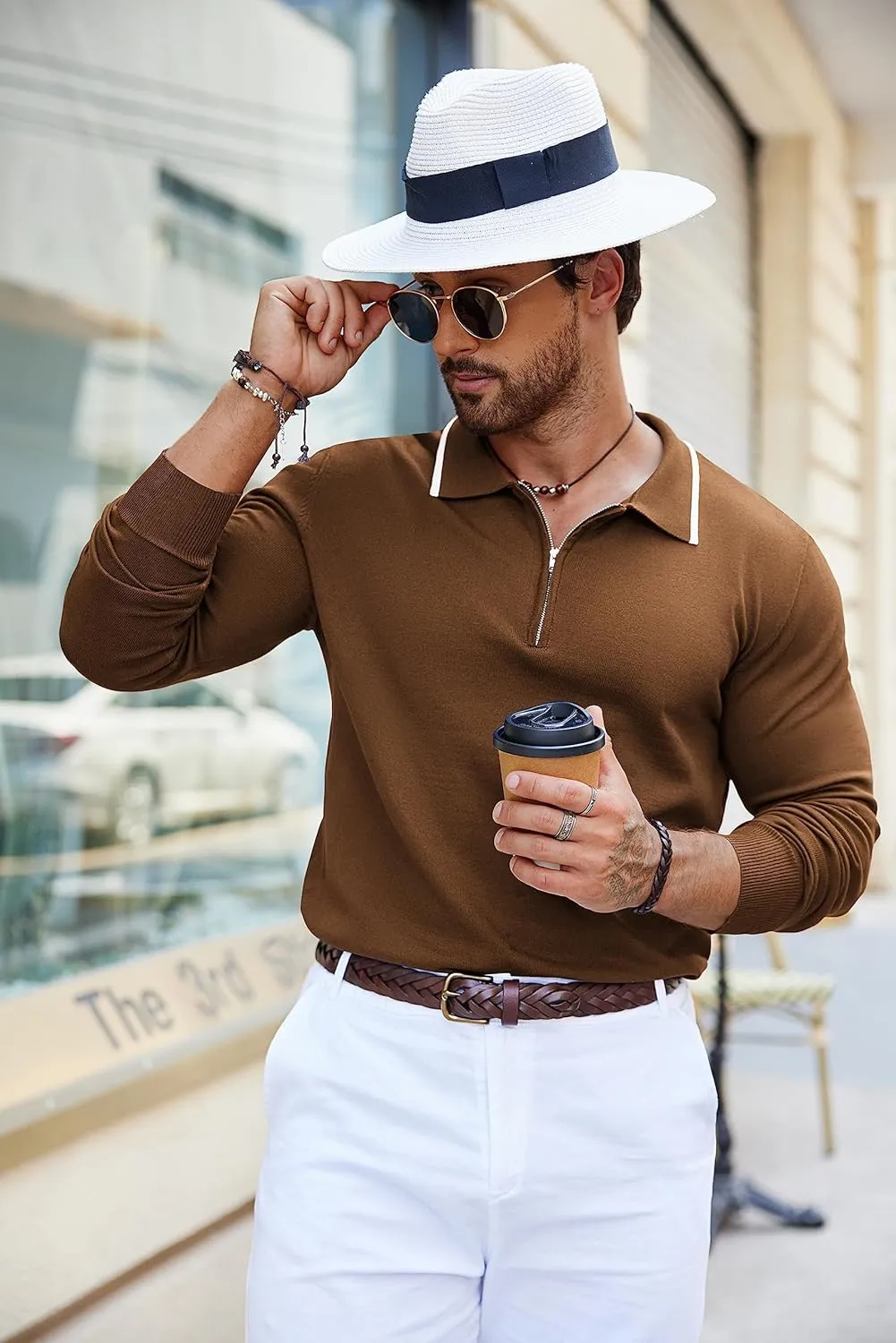 COOFANDY Men's Knit Polo Shirt Long Sleeve Quarter Zip Polo Sweater Casual Golf Shirts Vintage Striped Collar Polo