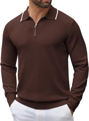 COOFANDY Men's Knit Polo Shirt Long Sleeve Quarter Zip Polo Sweater Casual Golf Shirts Vintage Striped Collar Polo