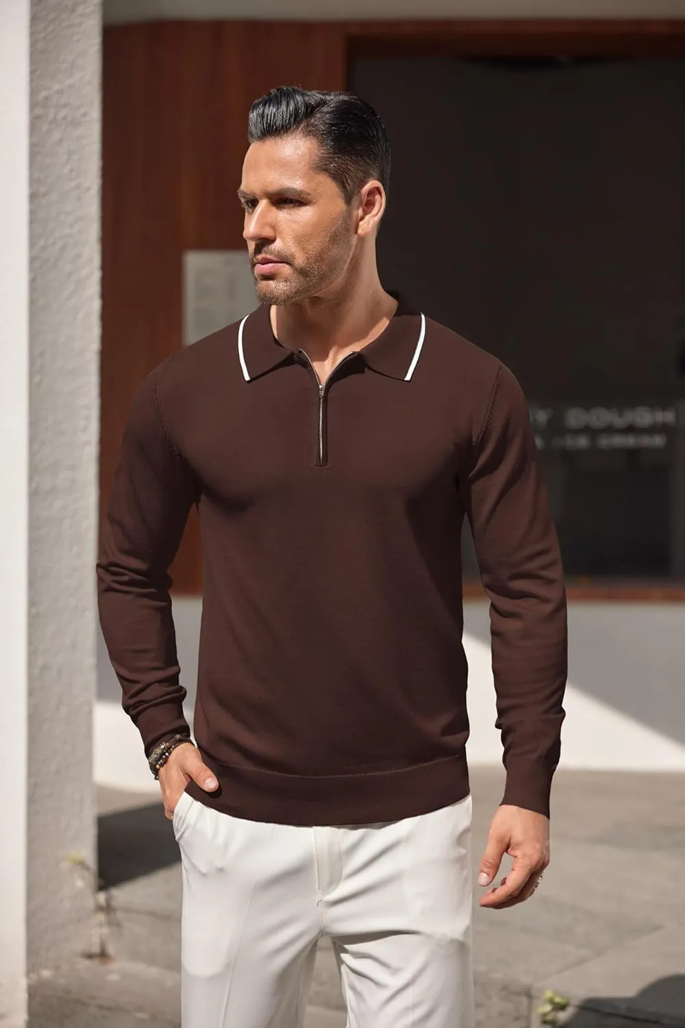 COOFANDY Men's Knit Polo Shirt Long Sleeve Quarter Zip Polo Sweater Casual Golf Shirts Vintage Striped Collar Polo