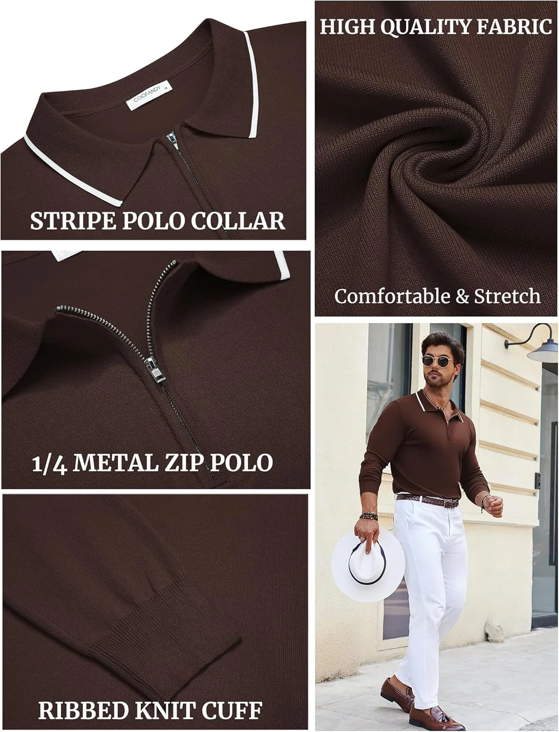 COOFANDY Men's Knit Polo Shirt Long Sleeve Quarter Zip Polo Sweater Casual Golf Shirts Vintage Striped Collar Polo