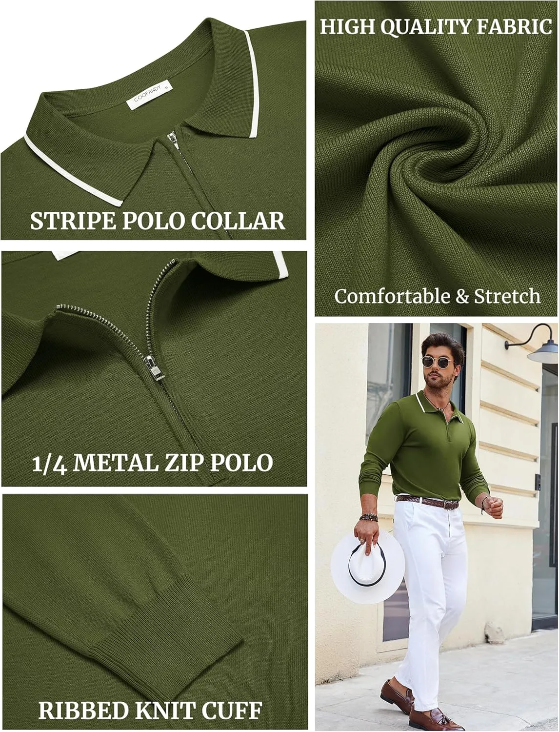 COOFANDY Men's Knit Polo Shirt Long Sleeve Quarter Zip Polo Sweater Casual Golf Shirts Vintage Striped Collar Polo