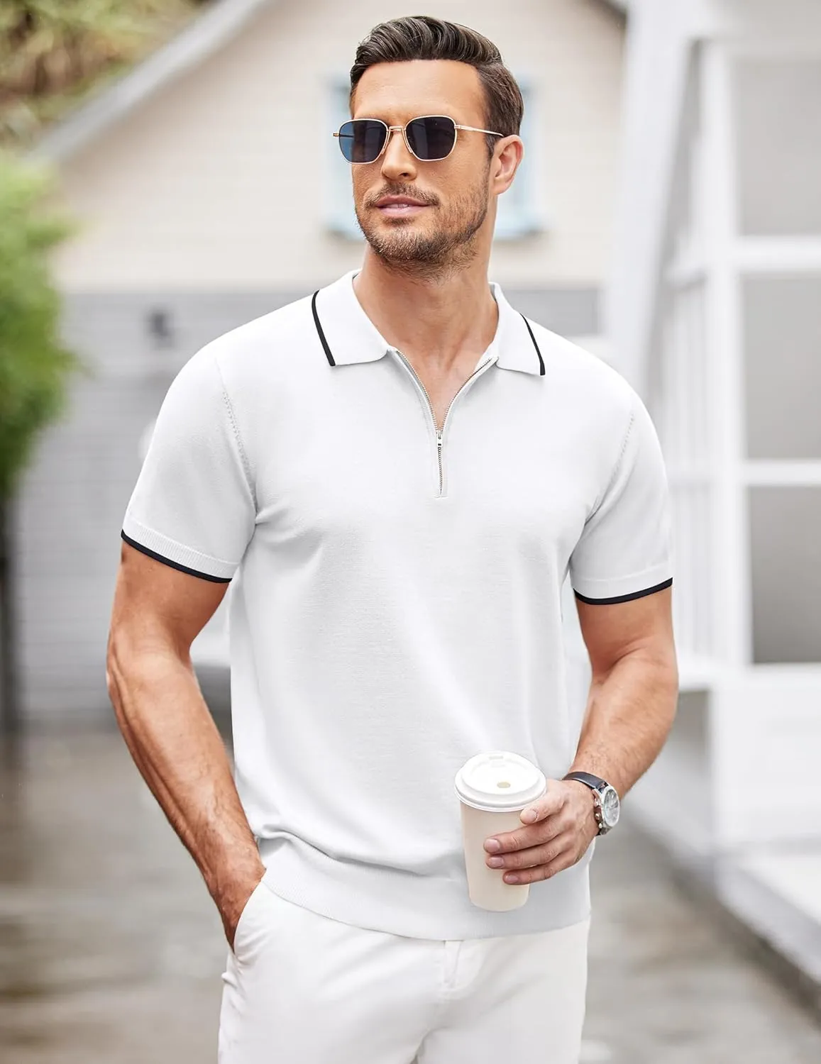 COOFANDY Men's Zipper Polo Shirt Casual Knit Short Sleeve Polo T Shirt Classic Fit Shirts