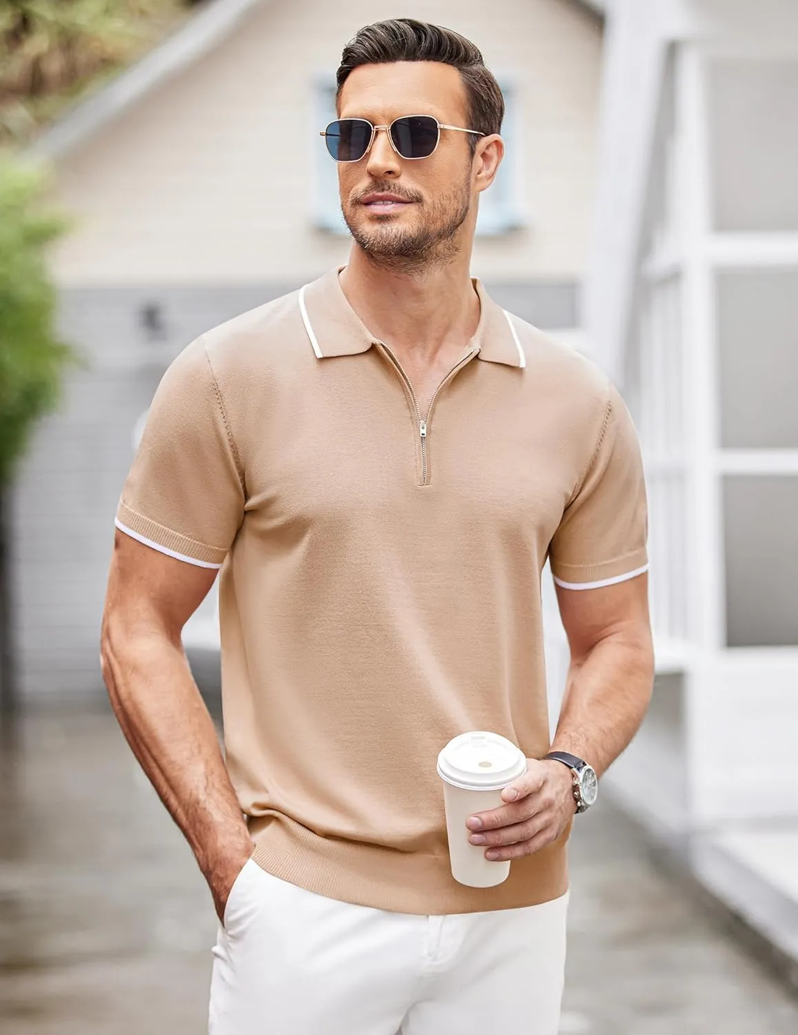COOFANDY Men's Zipper Polo Shirt Casual Knit Short Sleeve Polo T Shirt Classic Fit Shirts