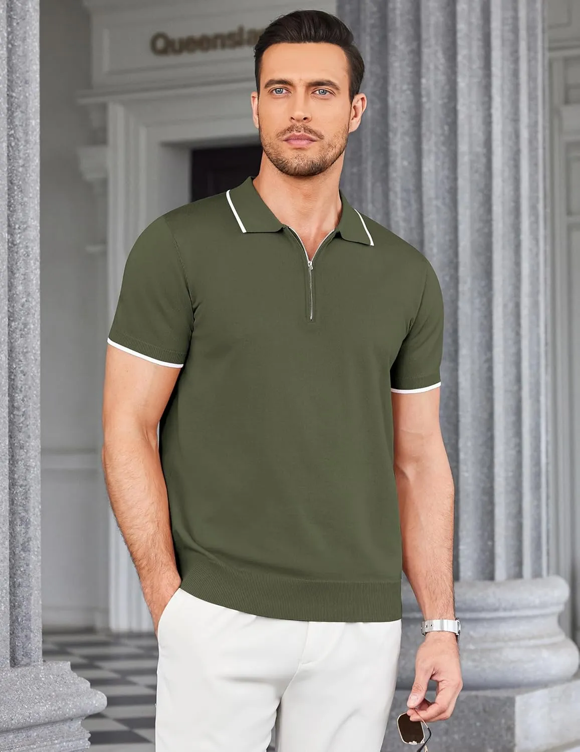 COOFANDY Men's Zipper Polo Shirt Casual Knit Short Sleeve Polo T Shirt Classic Fit Shirts
