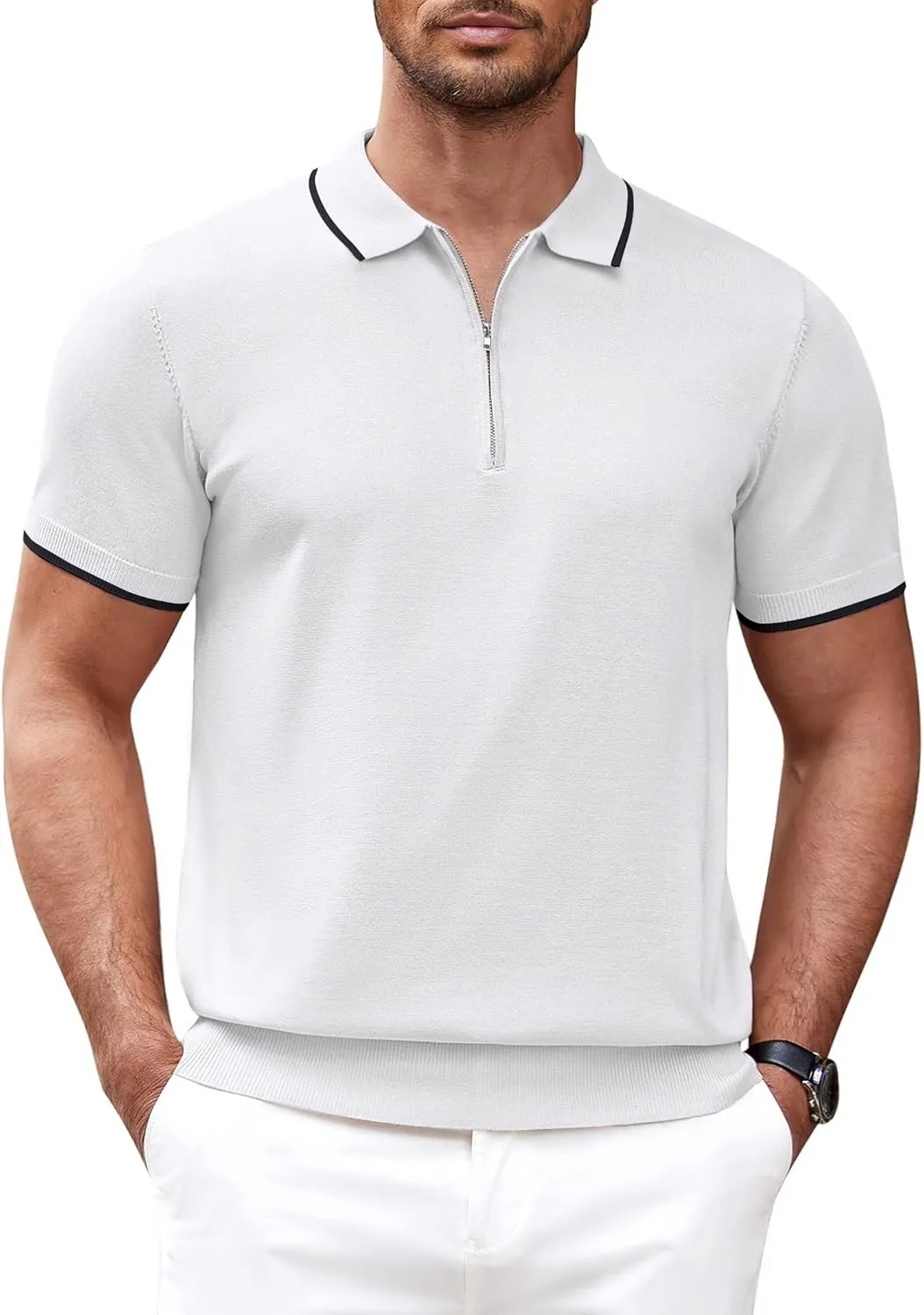COOFANDY Men's Zipper Polo Shirt Casual Knit Short Sleeve Polo T Shirt Classic Fit Shirts