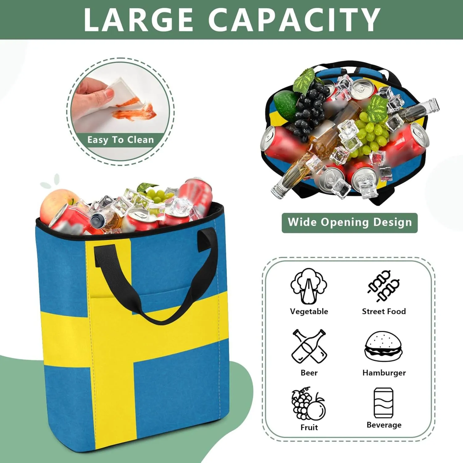 Cooler Bag Sweden Flag Blue Cooler Bags Insulated for Travel 36 Cans Leakproof Cooling Tote Bag for Lunch