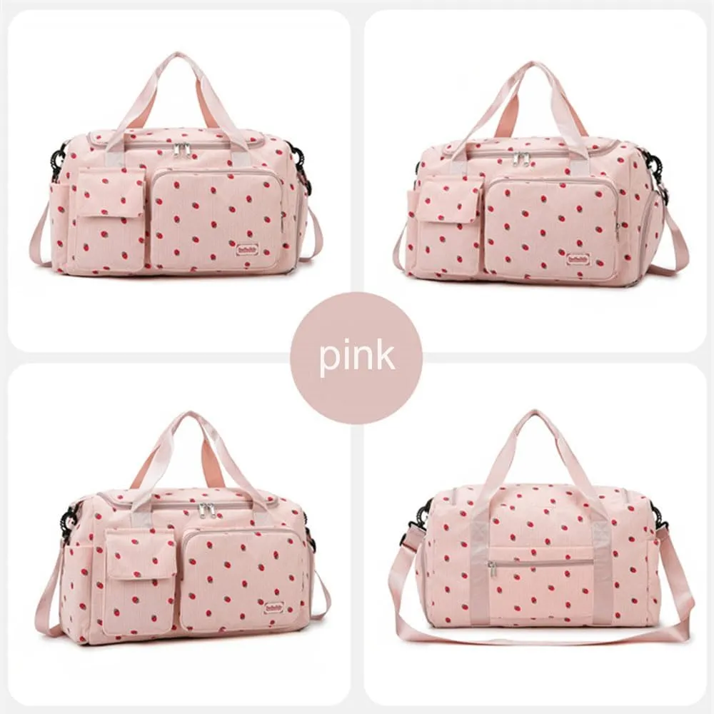 Corduroy Strawberry Sports Duffel Bag,Gym Bag with Shoe Compartment & Wet Pocket,Cute Travel Bag Weekend Bag Dance Bag for Girls (pink)