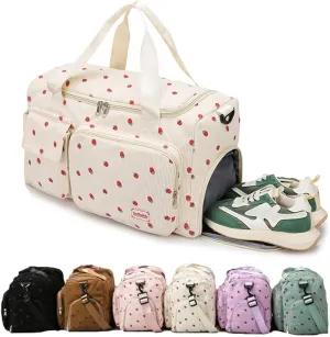 Corduroy Strawberry Sports Duffel Bag,Gym Bag with Shoe Compartment & Wet Pocket,Cute Travel Bag Weekend Bag Dance Bag for Girls (pink)