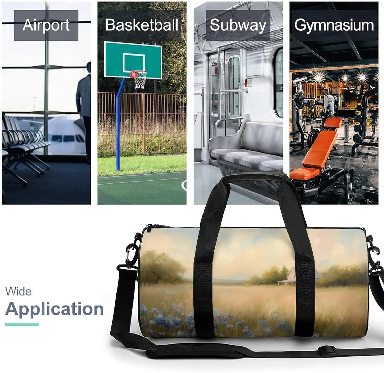 Countryside Meadow Grass Wildflowers Farmhouse Travel Gym Bag for Women Men Cylindrical Duffle Bag Sport Workout Bag with Shoulder Strap