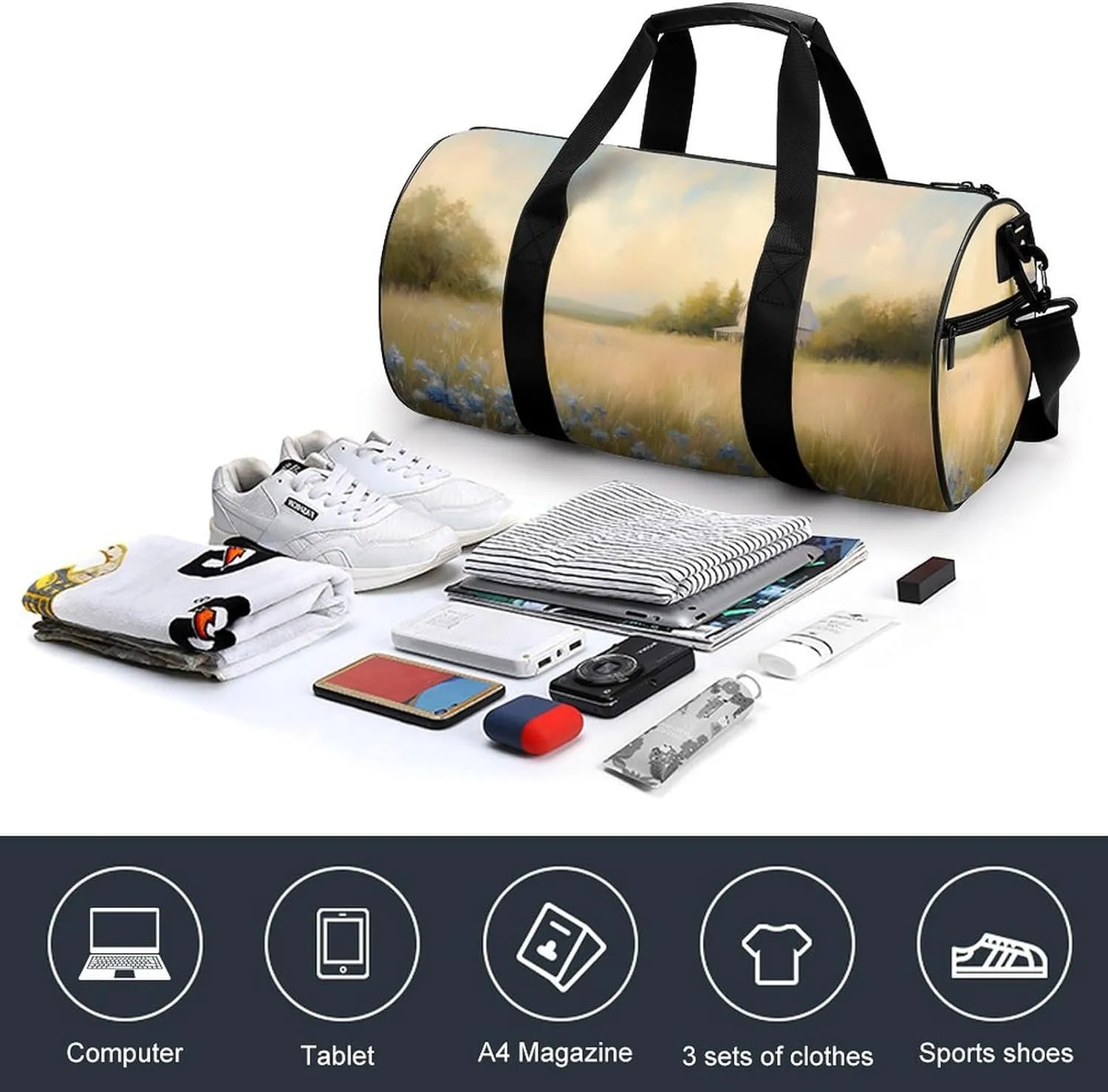 Countryside Meadow Grass Wildflowers Farmhouse Travel Gym Bag for Women Men Cylindrical Duffle Bag Sport Workout Bag with Shoulder Strap