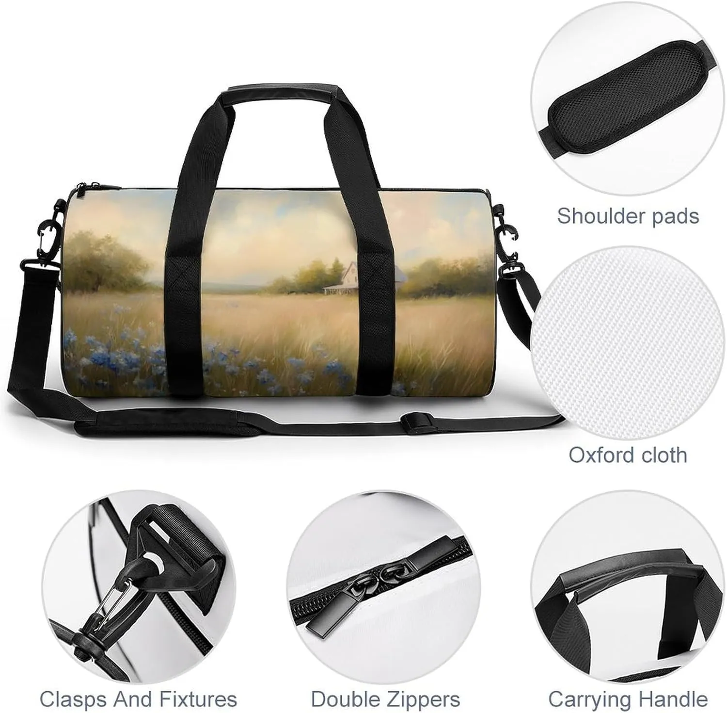 Countryside Meadow Grass Wildflowers Farmhouse Travel Gym Bag for Women Men Cylindrical Duffle Bag Sport Workout Bag with Shoulder Strap