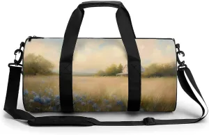 Countryside Meadow Grass Wildflowers Farmhouse Travel Gym Bag for Women Men Cylindrical Duffle Bag Sport Workout Bag with Shoulder Strap