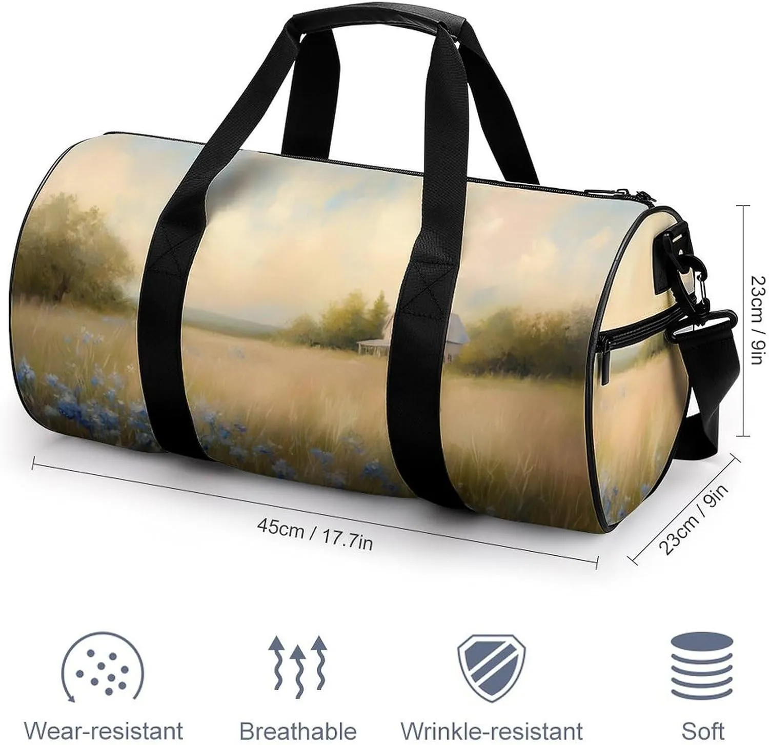 Countryside Meadow Grass Wildflowers Farmhouse Travel Gym Bag for Women Men Cylindrical Duffle Bag Sport Workout Bag with Shoulder Strap
