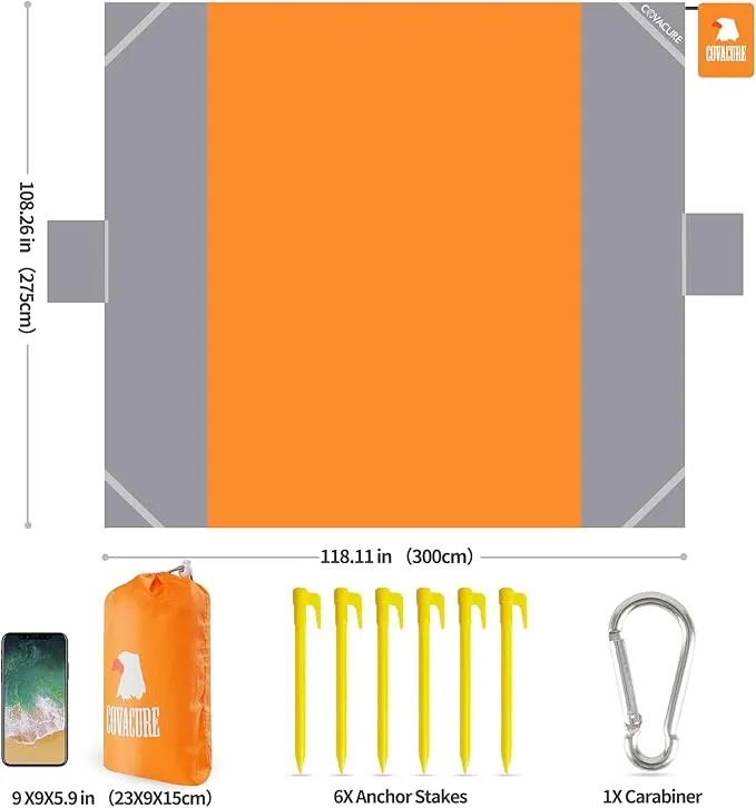 covacure Beach Blanket 118”X 108" - Extra Large Beach Blanket Waterproof Sandproof Fits for 8 Adults, Oversized Beach Mat with 3 Zipper Pocket, Outdoor Beach Accessories for Travel, Camping, Hiking