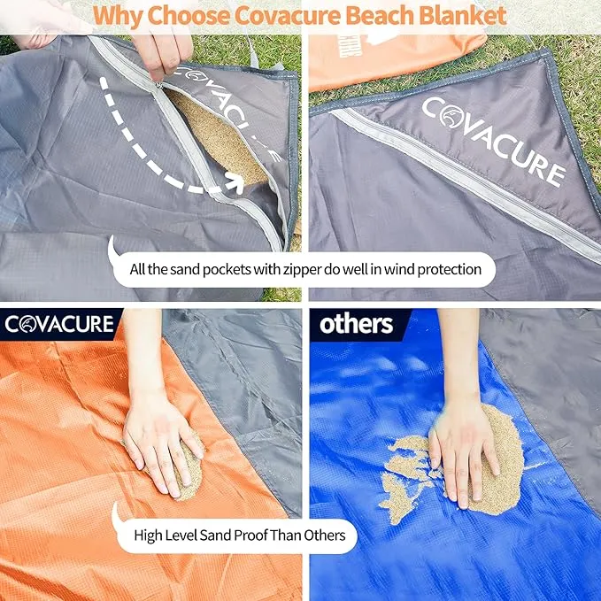 covacure Beach Blanket 118”X 108" - Extra Large Beach Blanket Waterproof Sandproof Fits for 8 Adults, Oversized Beach Mat with 3 Zipper Pocket, Outdoor Beach Accessories for Travel, Camping, Hiking