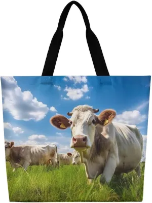 Cow On The Grassland Tote Bag Large Women Casual Shoulder Bag Reusable Grocery Bag Fasion Handbag for Office Shopping Travel