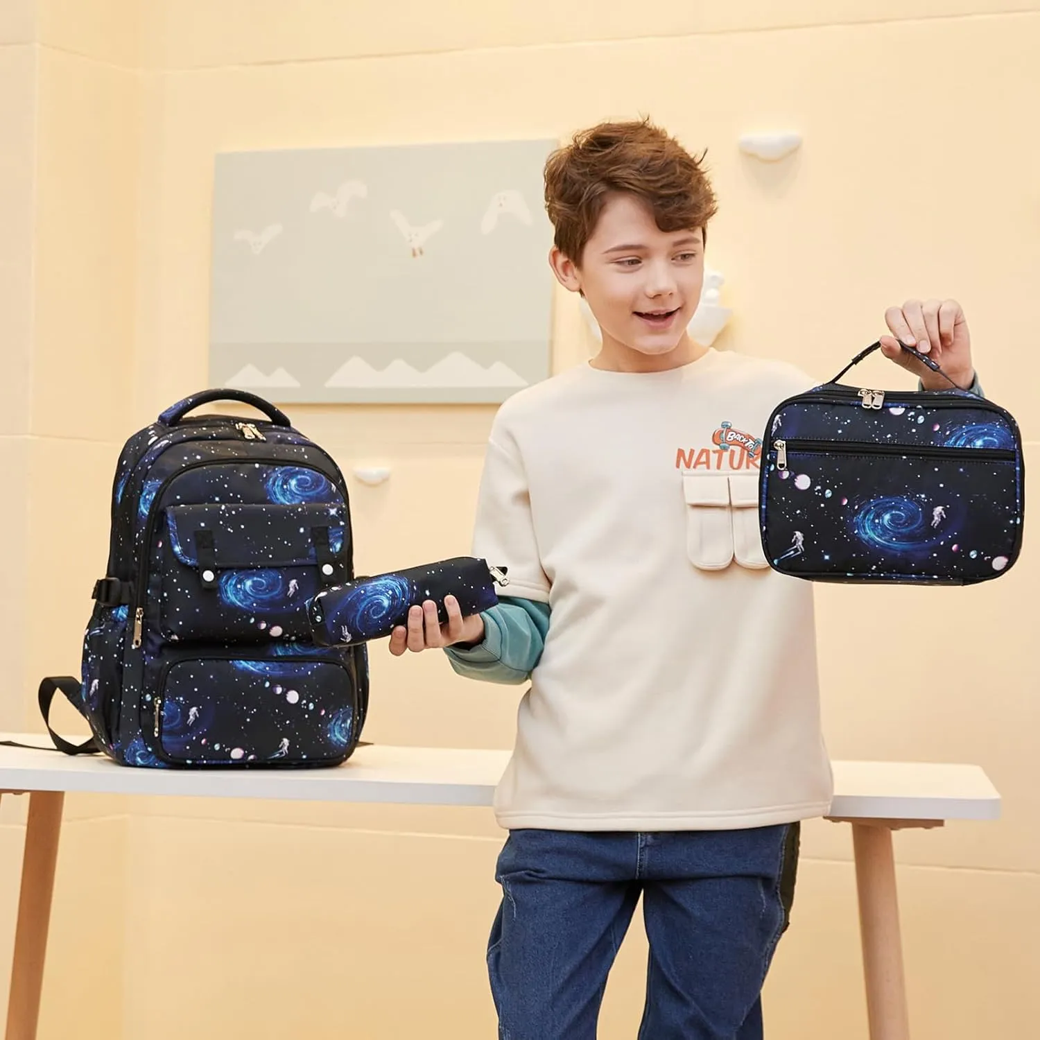 Createy Boys Backpack, Galaxy Backpack for Boys School Bags Elementary Bookbags Primary School Backpack Kids Backpack with Lunch Box and Pencil Case