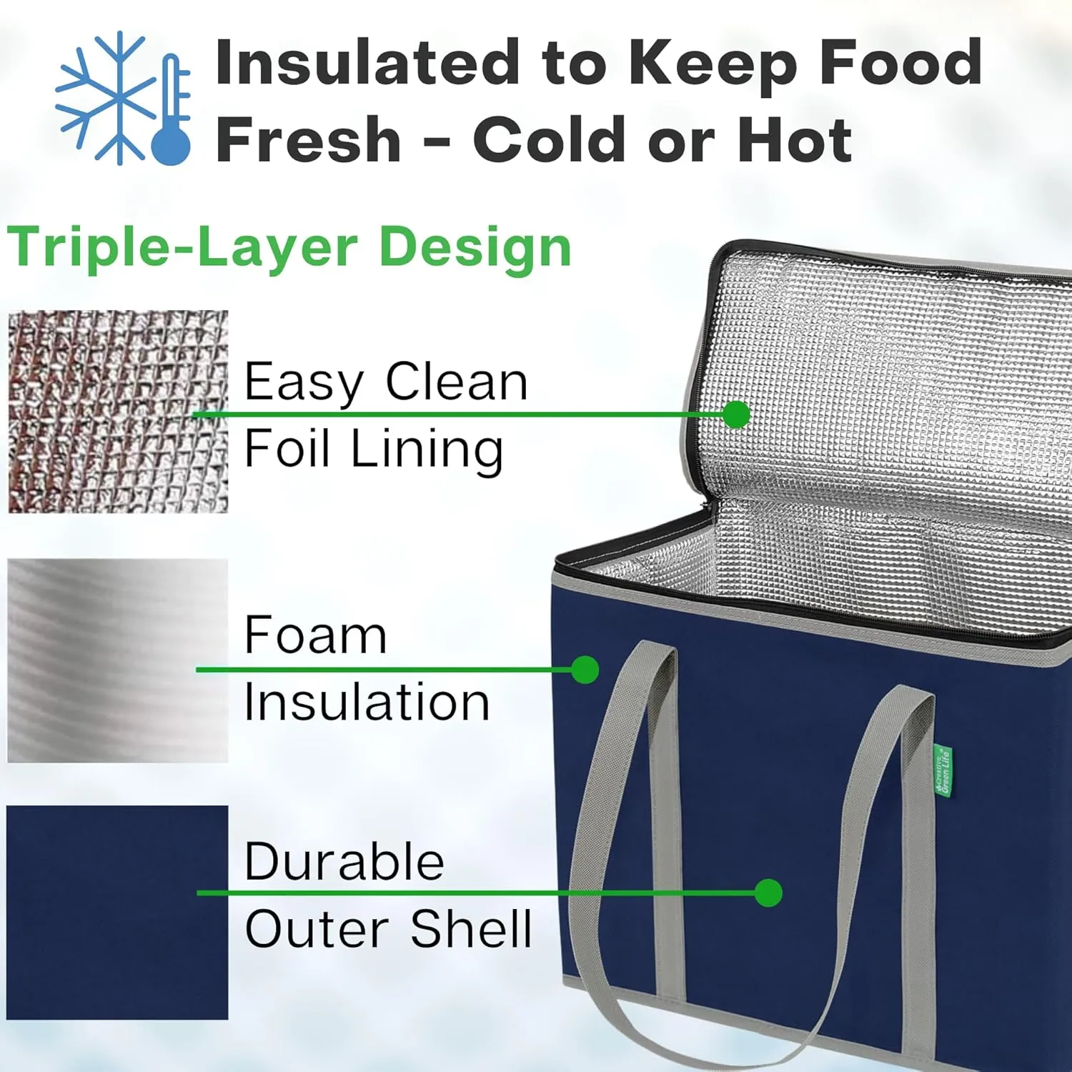 Creative Green Life XL Insulated Reusable Grocery Bags (2-Pack) - Premium Quality Cooler Bags with Hard Bottom Insert, Stands Upright, Washable