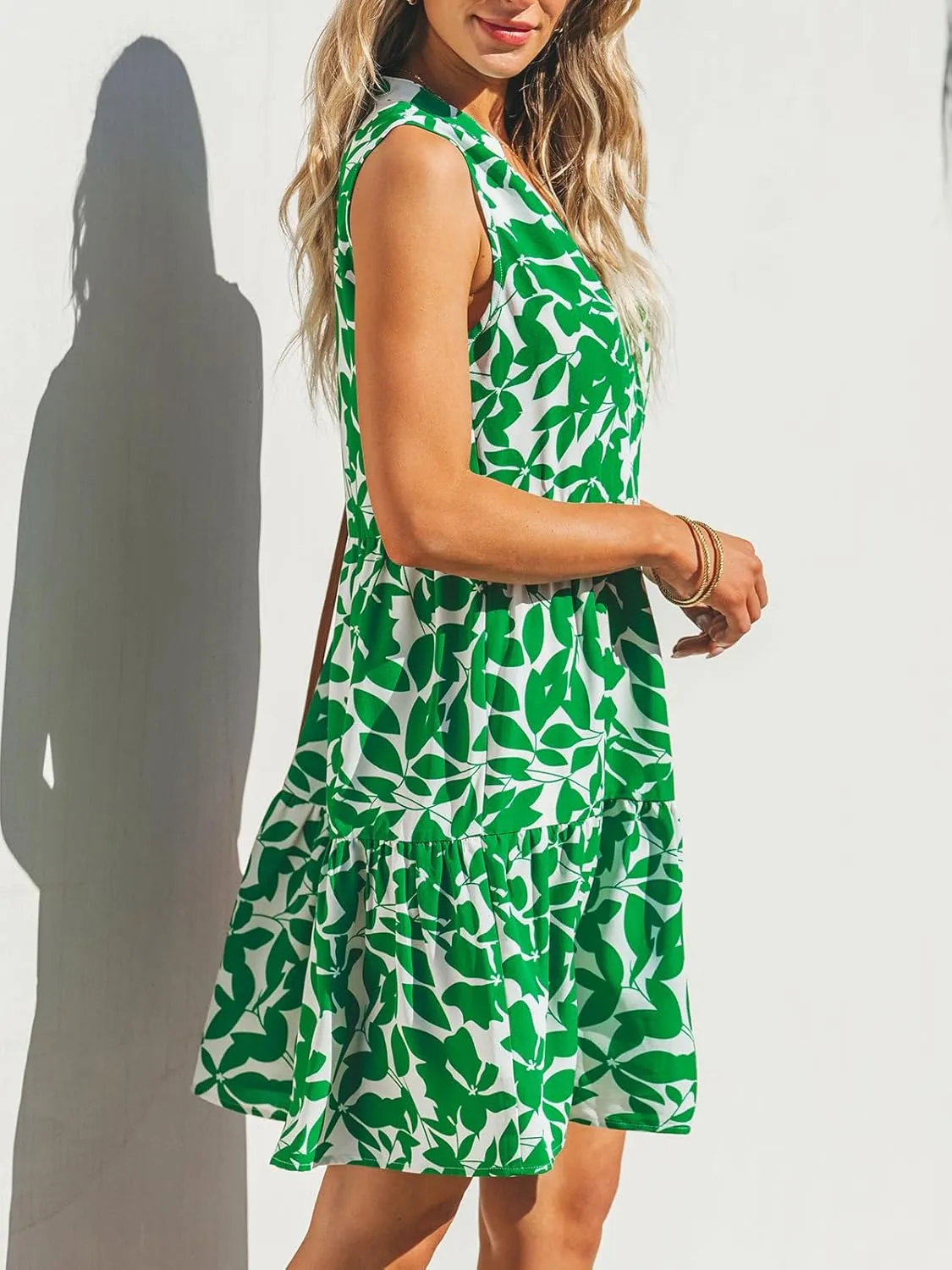 CUPSHE Women's Ruffle Beach Mini Dress Split V Neck A Line Sleeveless Geometric Stripe Tropical Leaf Pattern Summer Dresses