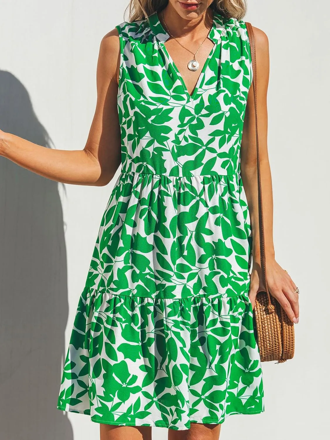 CUPSHE Women's Ruffle Beach Mini Dress Split V Neck A Line Sleeveless Geometric Stripe Tropical Leaf Pattern Summer Dresses