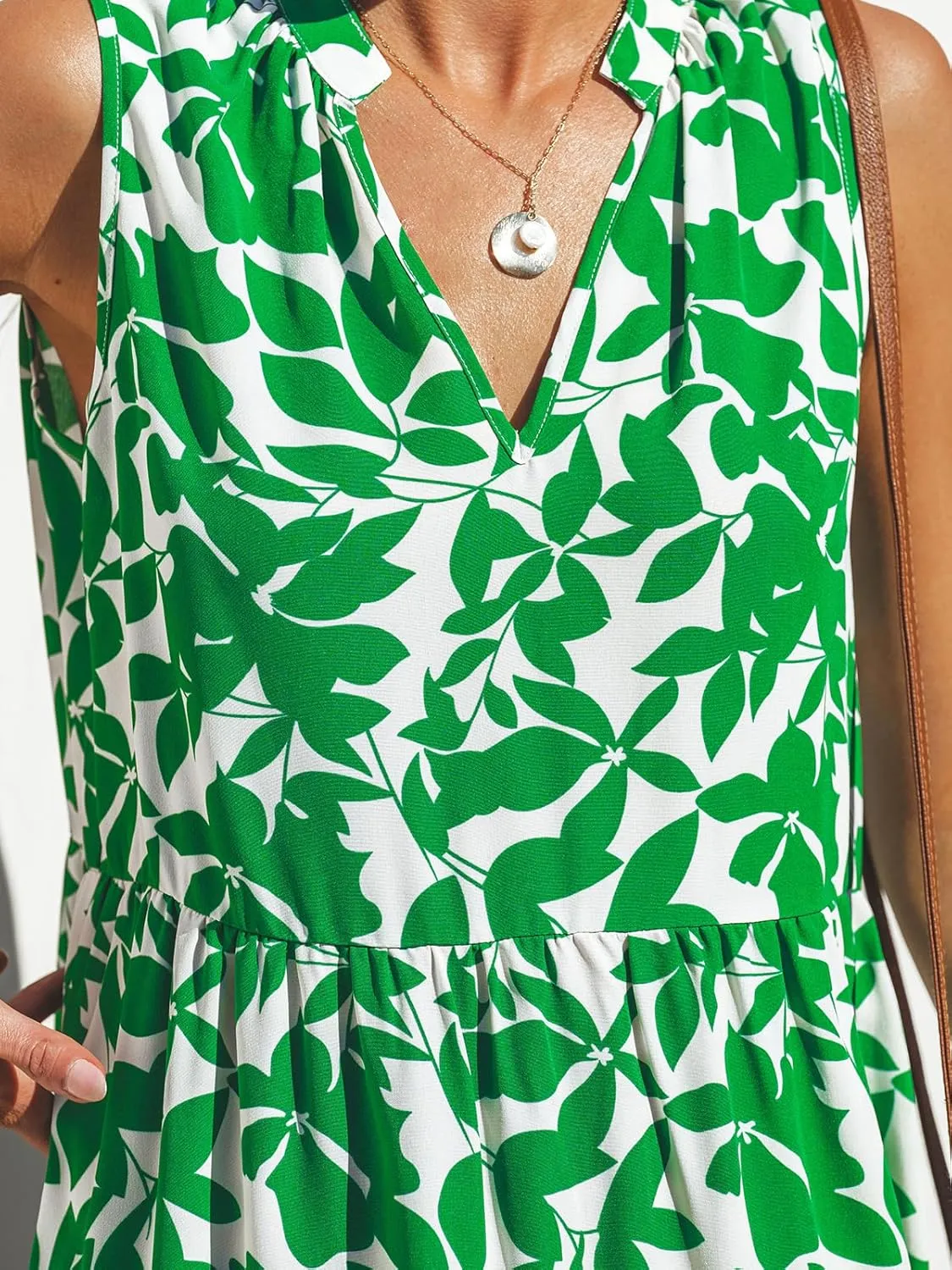 CUPSHE Women's Ruffle Beach Mini Dress Split V Neck A Line Sleeveless Geometric Stripe Tropical Leaf Pattern Summer Dresses