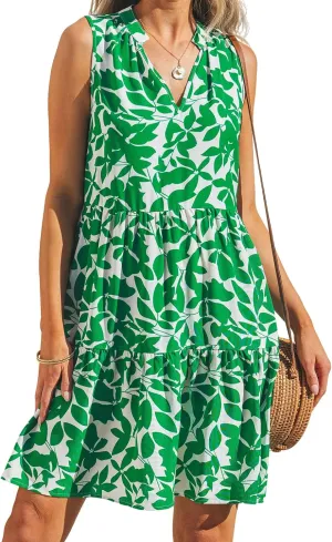 CUPSHE Women's Ruffle Beach Mini Dress Split V Neck A Line Sleeveless Geometric Stripe Tropical Leaf Pattern Summer Dresses