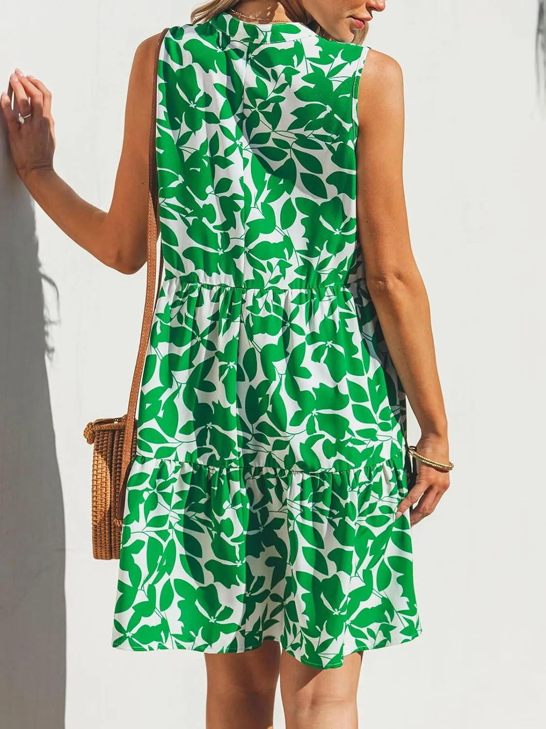 CUPSHE Women's Ruffle Beach Mini Dress Split V Neck A Line Sleeveless Geometric Stripe Tropical Leaf Pattern Summer Dresses