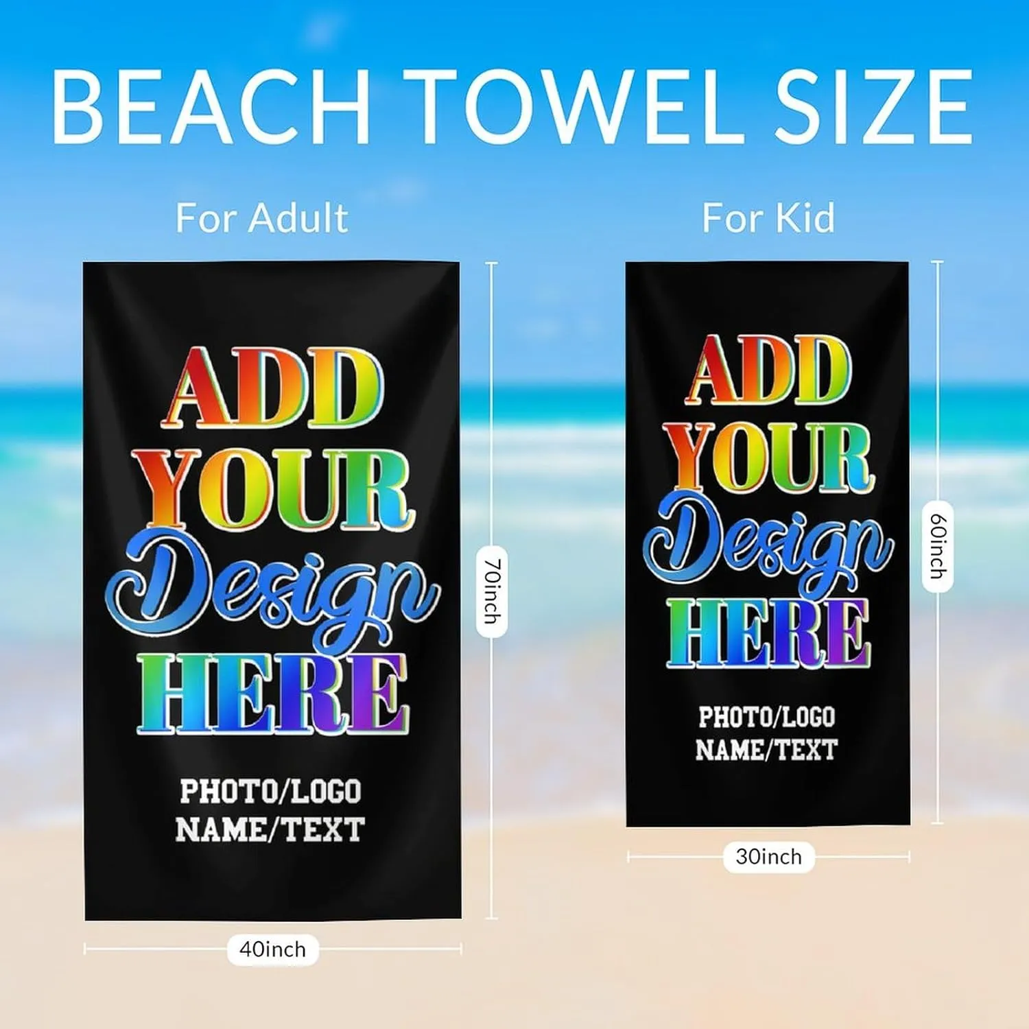 Custom Beach Towel for Kids, Personalized with Name Logo Photo Text, Beach Essential Gifts for Girls Teens Women, 70" x 40" Lightweight Sand Proof Bath Towel for Seaside Bath Camping