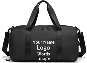 Custom Duffel Bag with Name Logo Image Personalized Gym Bag for Personal Item Travel Sports Gym Yoga Beach with Dry Wet Pocket Shoes Compartment (black)