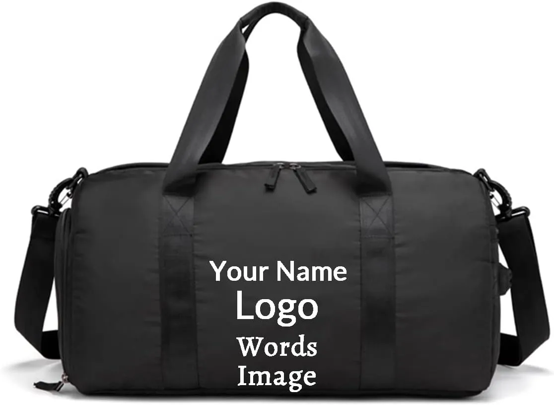 Custom Duffel Bag with Name Logo Image Personalized Gym Bag for Personal Item Travel Sports Gym Yoga Beach with Dry Wet Pocket Shoes Compartment (black)