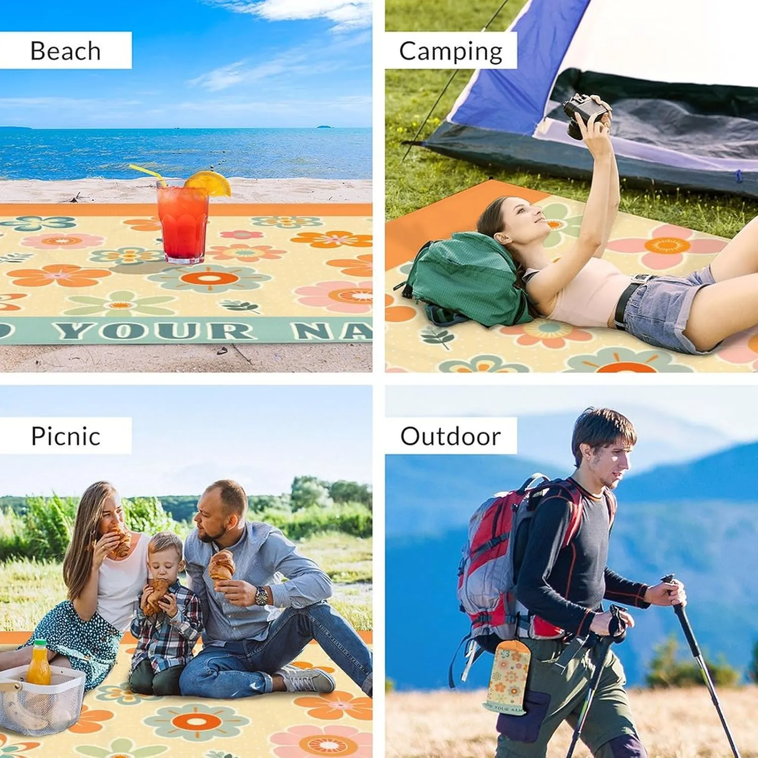 Custom Floral Beach Blanket, 9.8 x 9.2 Ft Extra Large Blankets with 4 Corner Sand Pockets & Stakes, Waterproof Sandproof Personalized Mat for Beach Accessories, Picnic, Camping