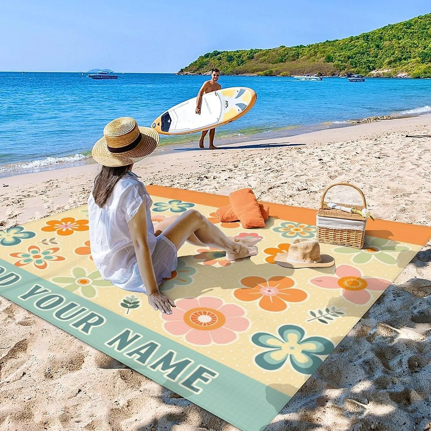 Custom Floral Beach Blanket, 9.8 x 9.2 Ft Extra Large Blankets with 4 Corner Sand Pockets & Stakes, Waterproof Sandproof Personalized Mat for Beach Accessories, Picnic, Camping