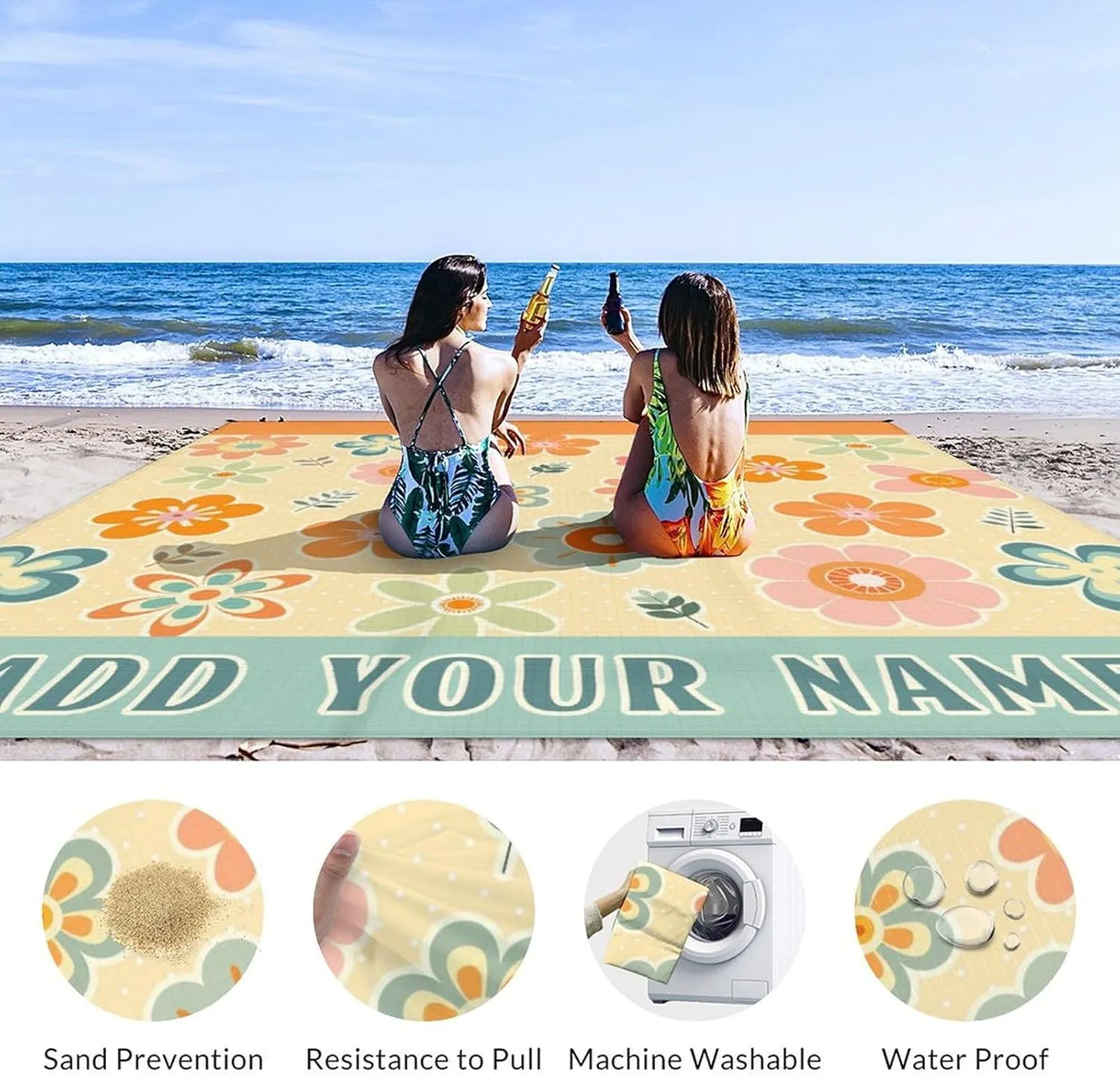 Custom Floral Beach Blanket, 9.8 x 9.2 Ft Extra Large Blankets with 4 Corner Sand Pockets & Stakes, Waterproof Sandproof Personalized Mat for Beach Accessories, Picnic, Camping