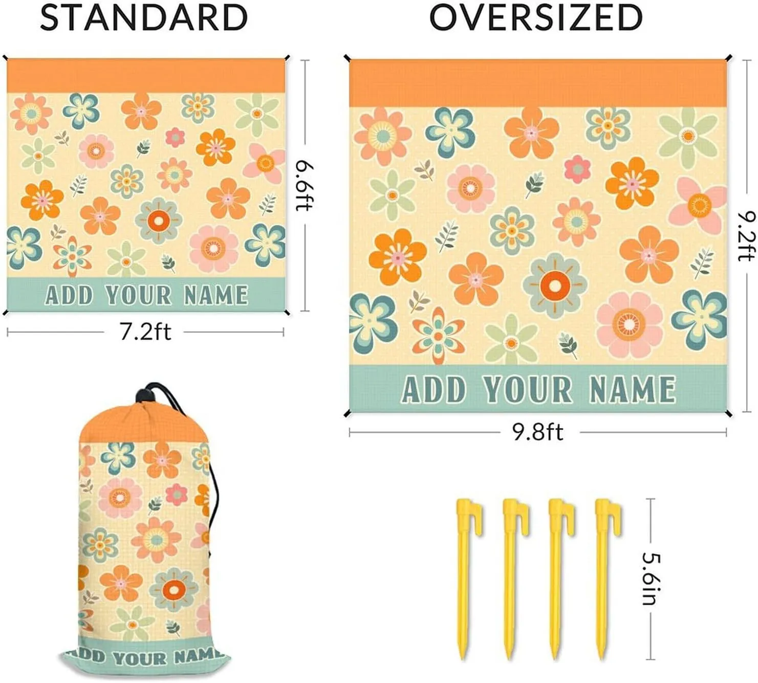 Custom Floral Beach Blanket, 9.8 x 9.2 Ft Extra Large Blankets with 4 Corner Sand Pockets & Stakes, Waterproof Sandproof Personalized Mat for Beach Accessories, Picnic, Camping