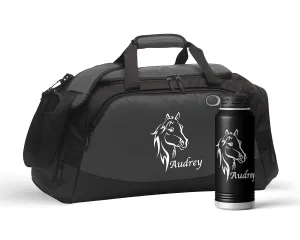 Custom Gym Duffle Bag with Shoe Compartment | Personalized Travel Duffle Bag for Men & Women | Large Sports Duffel Bag for Travel, Great for Storing Gear, Clothing, Equestrian Horse Bust Combo Charcoal