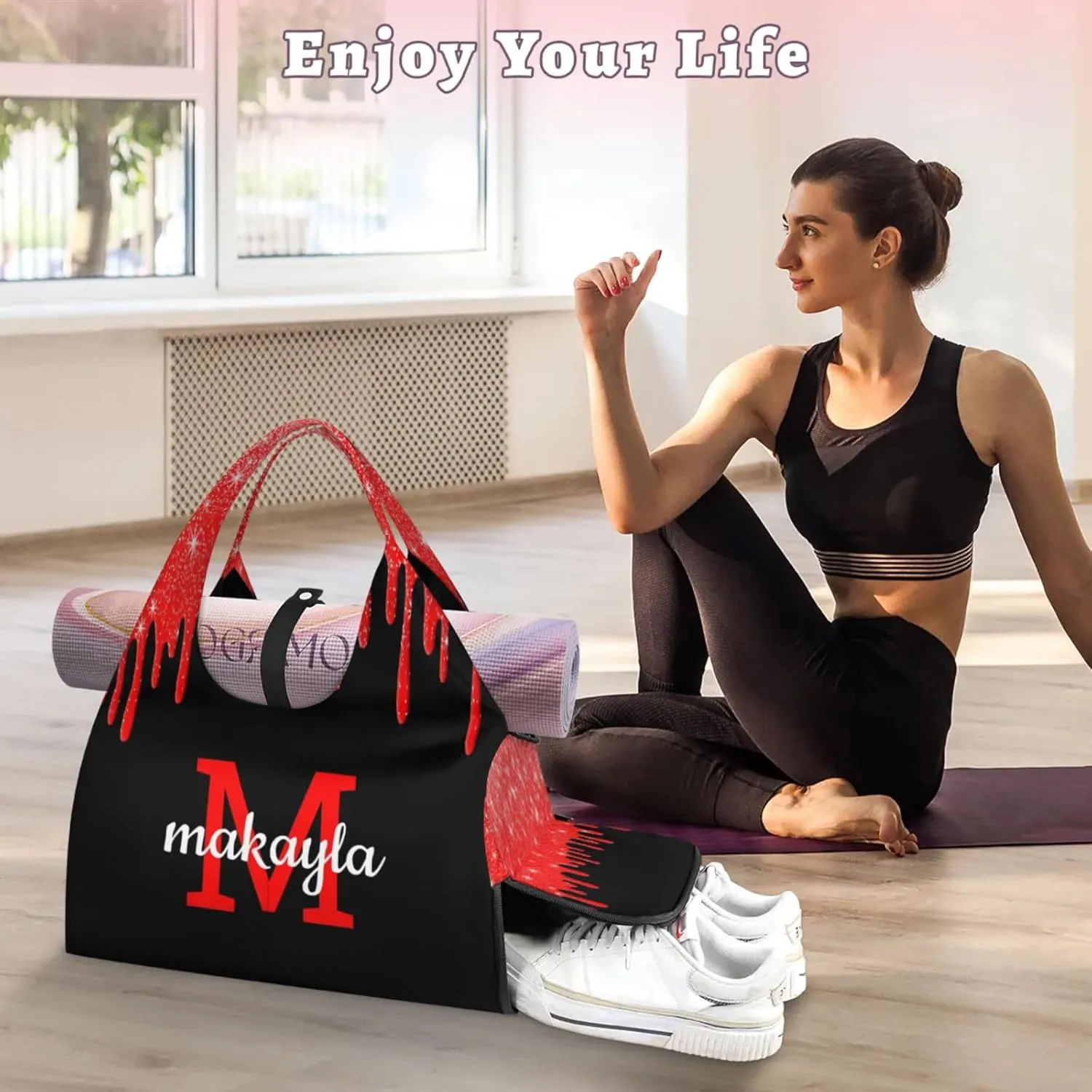 Custom Name Yoga Mat Bag for Women Personalized Sports Gym Duffle Shoulder Bags for Travel Pilates