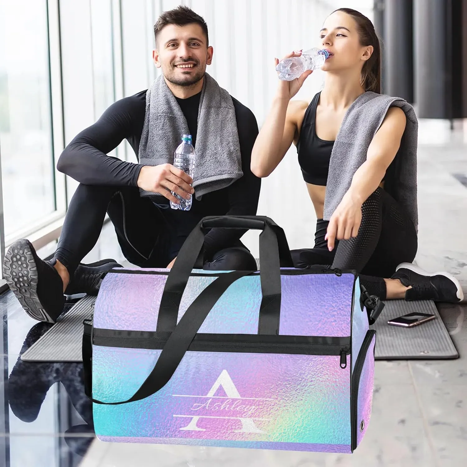 Custom Sports Duffel Bag with Shoe Compartment Personalized Name Dance Gym Bag for Women Overnight Weekender Travel Duffel Bags, Gradient Blue Purple