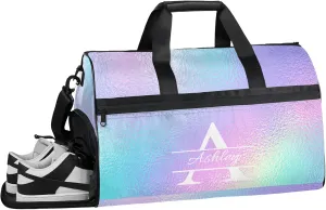 Custom Sports Duffel Bag with Shoe Compartment Personalized Name Dance Gym Bag for Women Overnight Weekender Travel Duffel Bags, Gradient Blue Purple