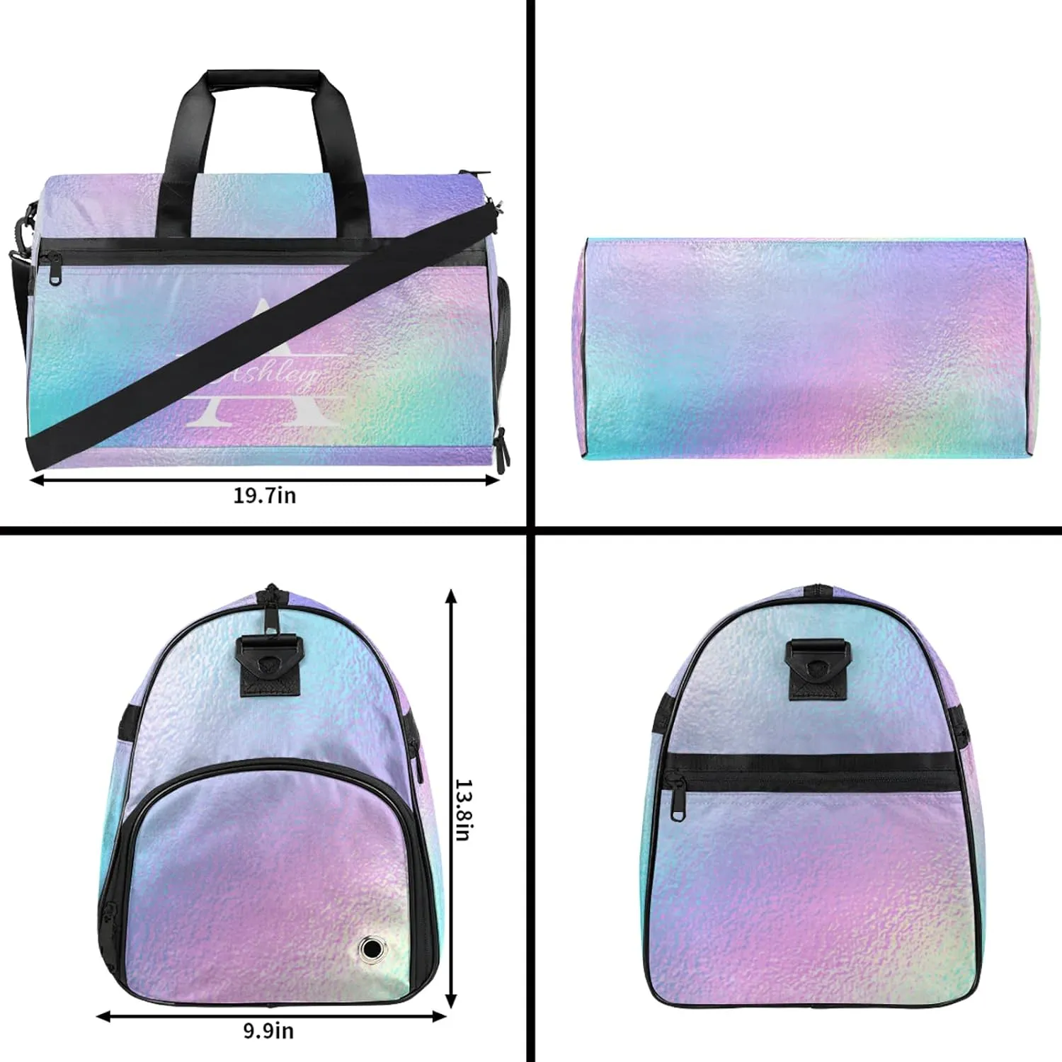 Custom Sports Duffel Bag with Shoe Compartment Personalized Name Dance Gym Bag for Women Overnight Weekender Travel Duffel Bags, Gradient Blue Purple