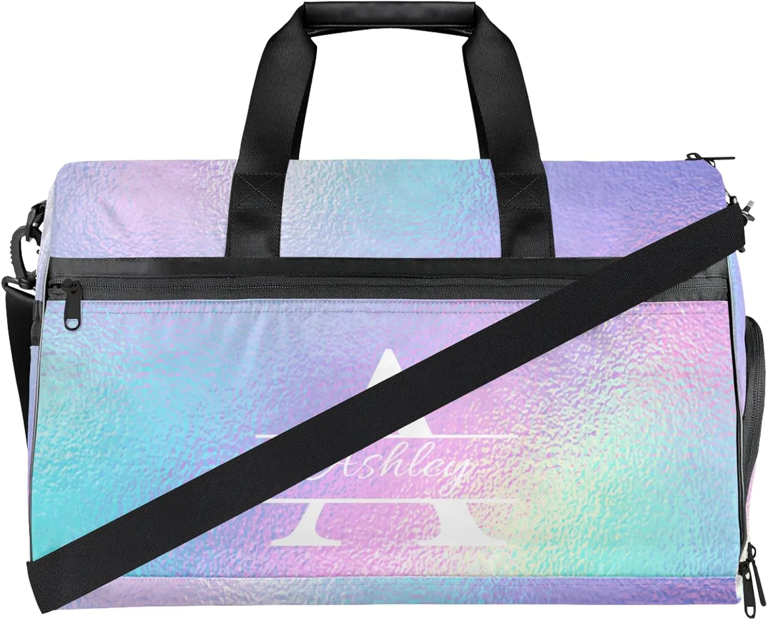 Custom Sports Duffel Bag with Shoe Compartment Personalized Name Dance Gym Bag for Women Overnight Weekender Travel Duffel Bags, Gradient Blue Purple