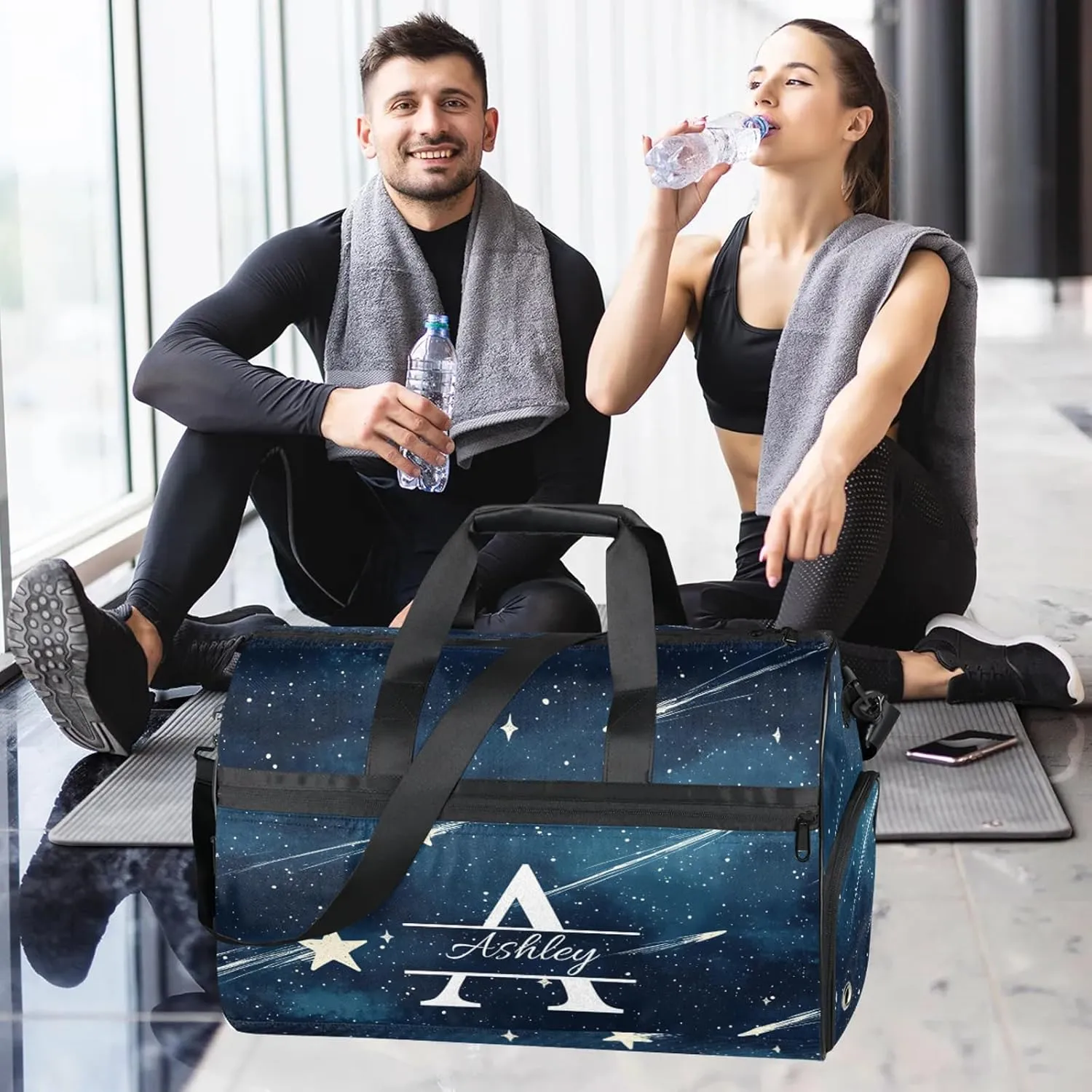 Custom Sports Duffel Bag with Shoe Compartment Personalized Name Dance Gym Bag for Women Overnight Weekender Travel Duffel Bags, Starry Galaxy