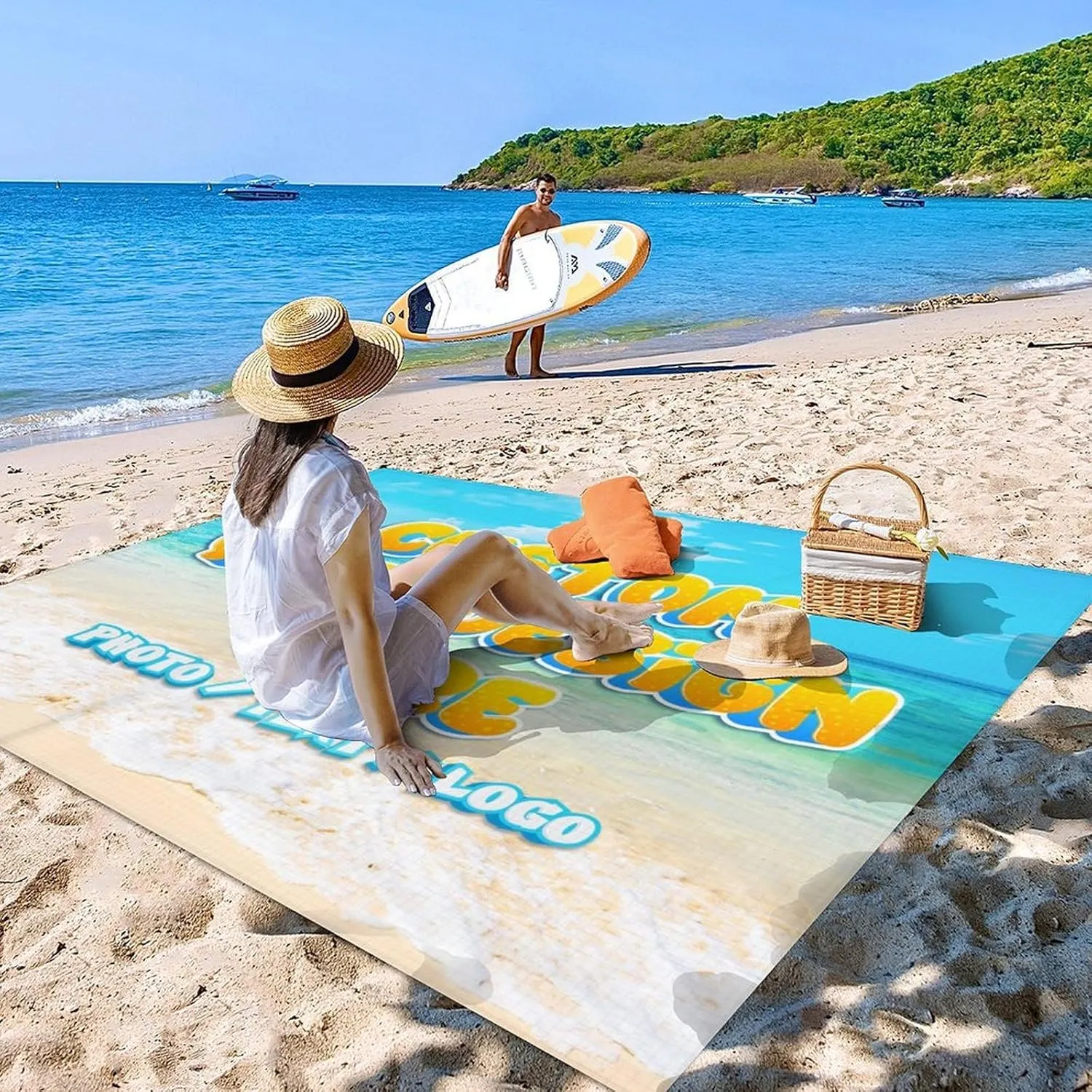 Custom Waterproof Beach Blanket - Personalized Sandproof Beach Mat with Photo Text - 78'' x 86'' Large Travel Blanket for Picnic