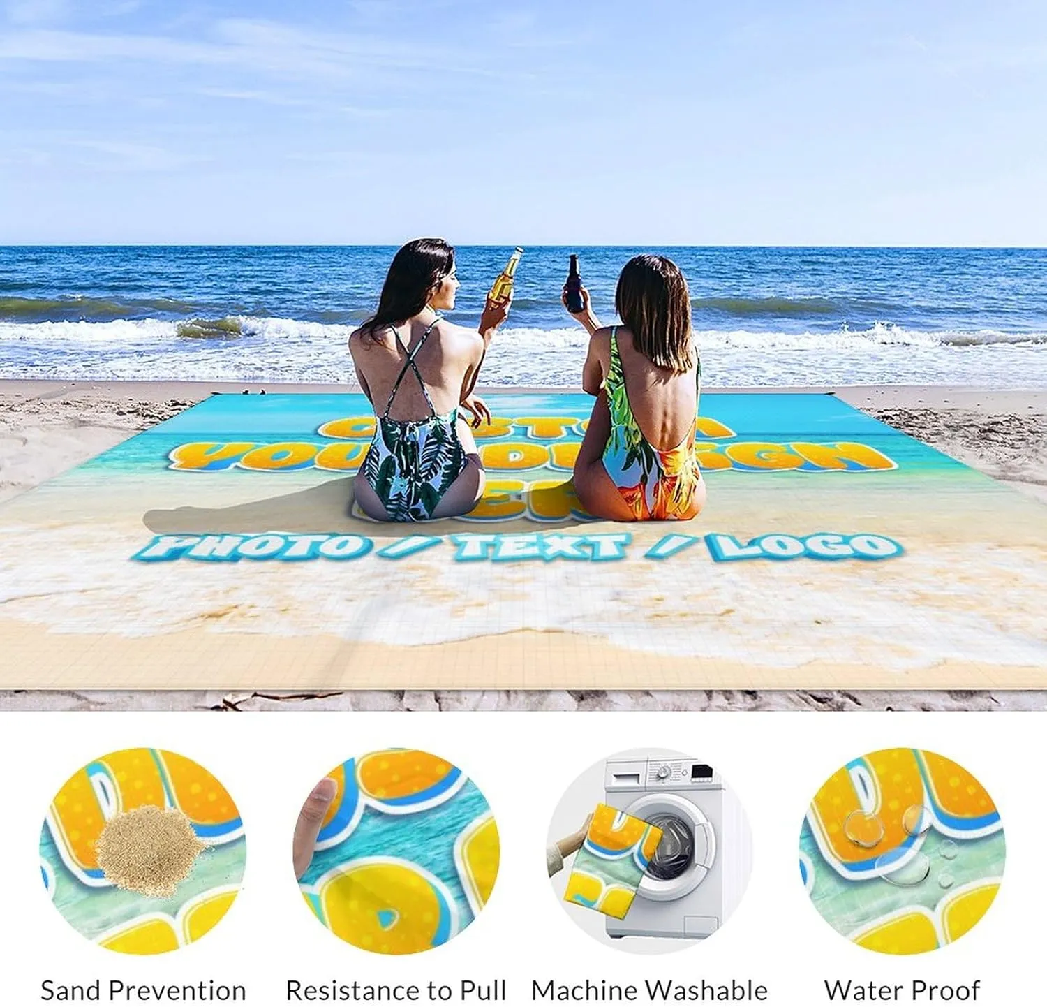 Custom Waterproof Beach Blanket - Personalized Sandproof Beach Mat with Photo Text - 78'' x 86'' Large Travel Blanket for Picnic