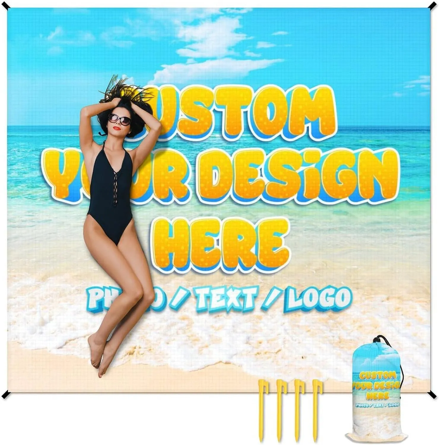 Custom Waterproof Beach Blanket - Personalized Sandproof Beach Mat with Photo Text - 78'' x 86'' Large Travel Blanket for Picnic