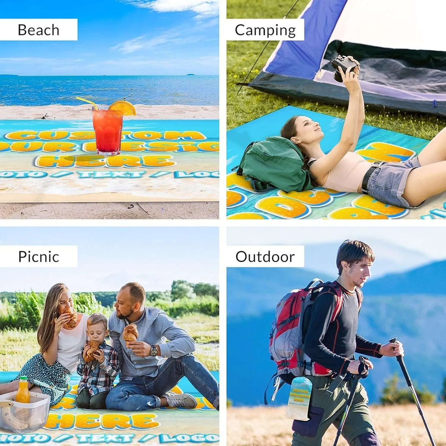 Custom Waterproof Beach Blanket - Personalized Sandproof Beach Mat with Photo Text - 78'' x 86'' Large Travel Blanket for Picnic