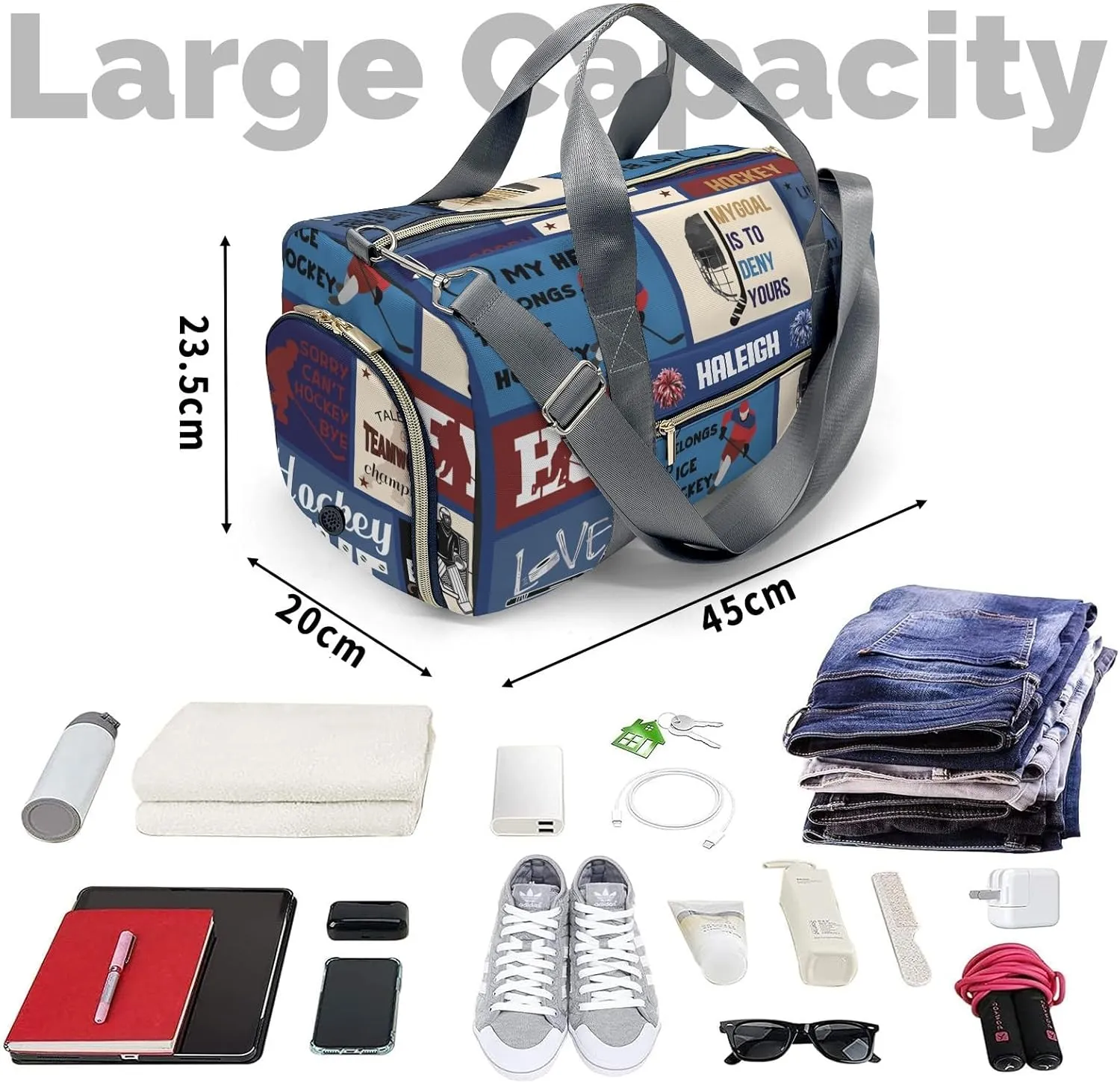 Custon Name Gym Sport Yoga Duffel Bag Ice Hockey Travel Bag, Player Sport Gym Bag Personalized Gift for Women Men Travel Hand Bag Carry on Bag